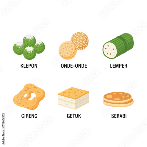 Flat lay of six Indonesian traditional sweets: Klepon, Onde-Onde, Lemper, Cireng, Getuk, and Serabi, showcased against a clean white background, with a vibrant and appetizing