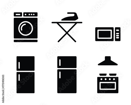 Household appliance icons washing machine ironing board microwave refrigerator stove vector