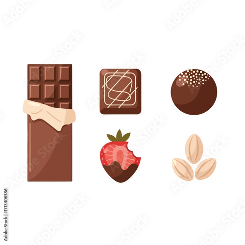 Flat lay image of assorted chocolate candies, a chocolate bar, chocolate-covered strawberry, and peanuts against a white background, showcasing rich brown colors and a simple
