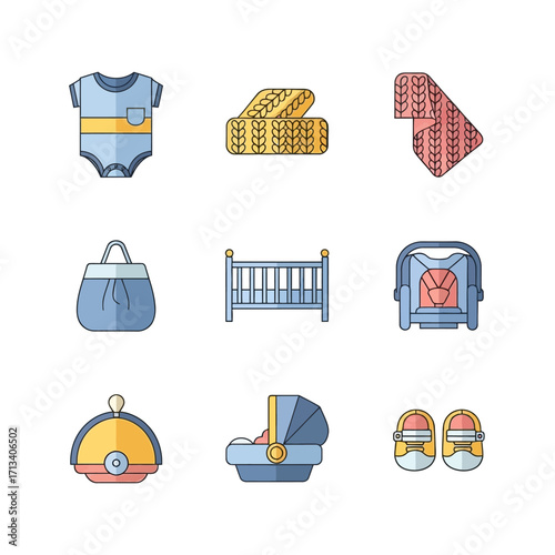 Flat lay of pastel-colored baby icons including onesie, crib, car seat, booties, and knitted items, illustrating preparation for a newborn against a white background, conveying a