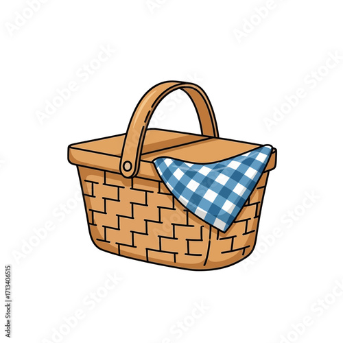 Flat lay illustration of a picnic basket with a blue and white checkered napkin, against a white background; conveying a cheerful summer mood.