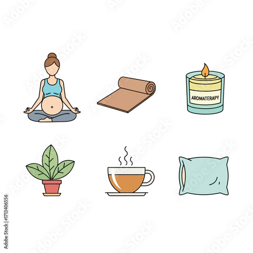 Flat-lay illustration of pregnant woman meditating, yoga mat, aromatherapy candle, tea, plant, and pillow; peaceful, calming pastel color palette; wellness, relaxation concept;