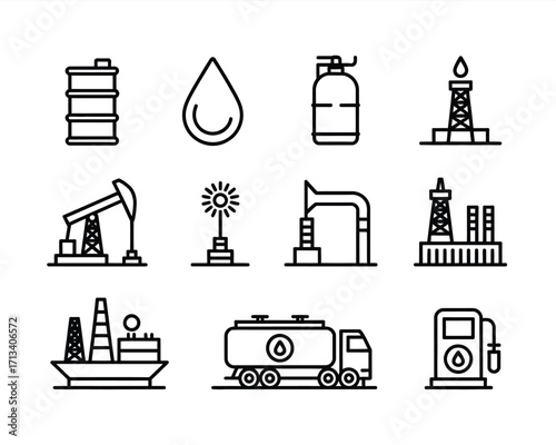 Industrial energy icons oil gas extraction transport and refining vector
