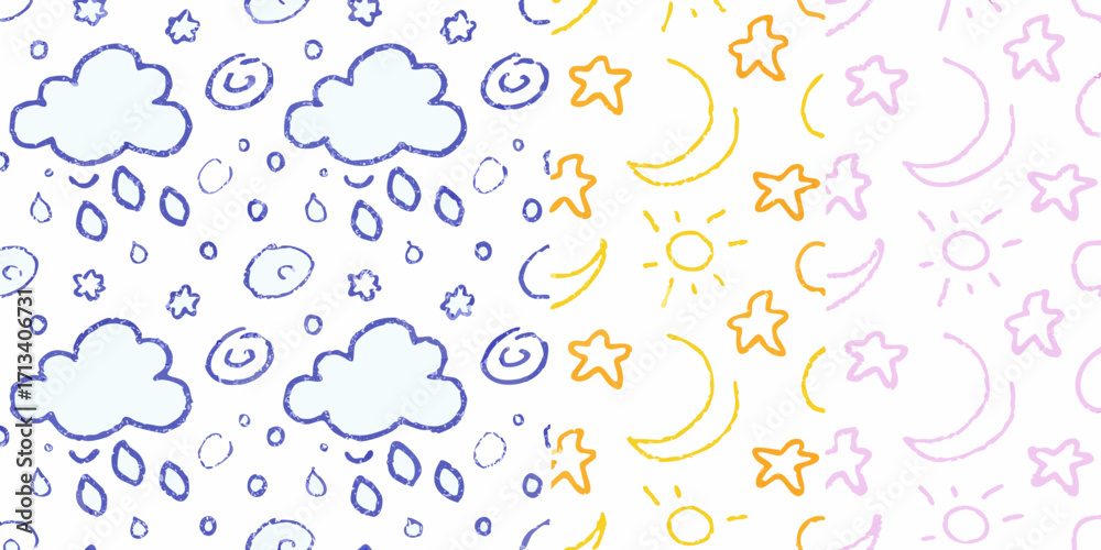 Fototapeta premium Cute hand drawn doodle pattern of clouds rain stars sun and moon in pastel colors