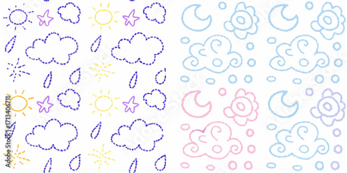 Cute hand drawn weather pattern with sun moon clouds rain and stars in pastel colors