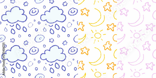 Cute hand drawn doodle pattern of clouds rain stars sun and moon in pastel colors