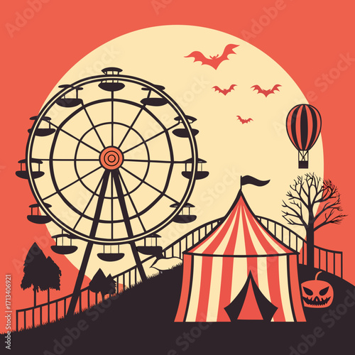 Halloween haunted carnival silhouette vector, creepy ferris wheel, roller coaster, clowns, pumpkins, bats, witches, eerie circus tents, spooky fairground horror flat design night background.