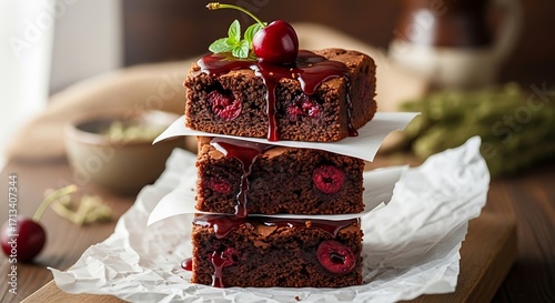 Stack of three cherry brownies drizzled with chocolate sauce, topped with a cherry and mint leaf, resting on parchment paper.