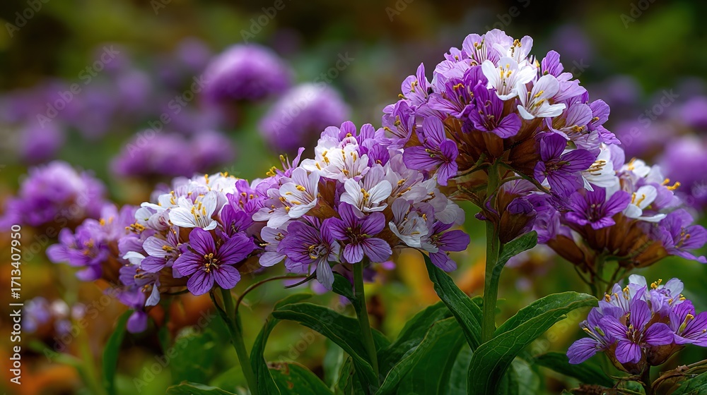 Fototapeta premium Cluster of Small Purple and White Flowers Blooming on the Lawn: Vibrant and Natural Garden Beauty
