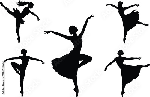 Ballet dancer silhouettes, elegant dance poses, graceful movement illustration, classical performance art, black vector icons, white background design, artistic body expression
