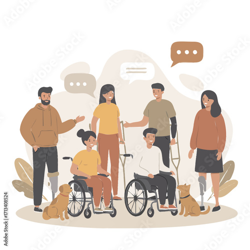 A diverse group of people with disabilities and their service dogs interacting positively in a casual outdoor setting.