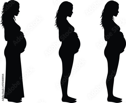 Pregnant woman silhouette sequence, maternity profile illustration, expecting mother vector art, pregnancy stages design, black side view figure, maternal health concept