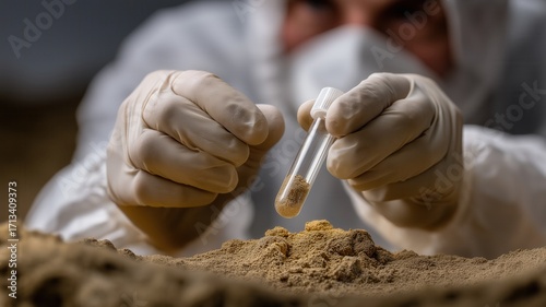 Scientist in protective gloves collecting soil sample into test tube, symbolizing laboratory research, microbiology, and environmental study.