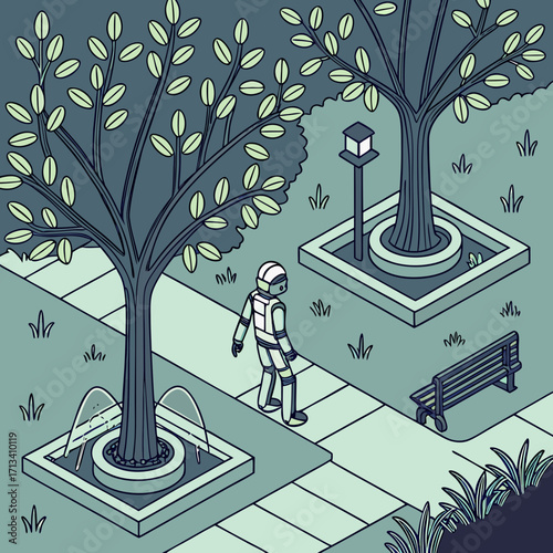 A lone astronaut walks through a serene park with trees fountains and a bench in a calm isometric illustration style