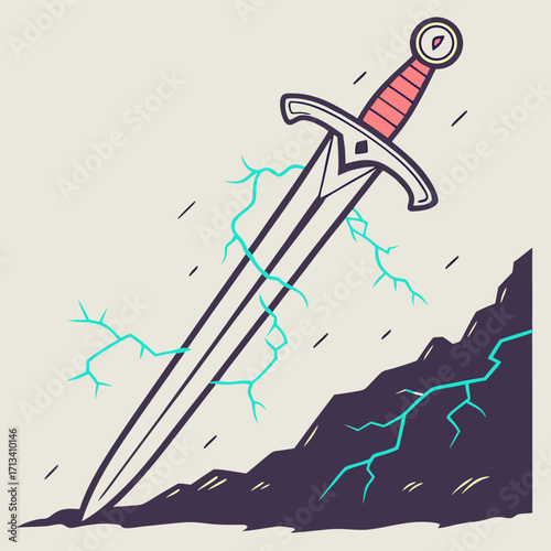 A mystical sword embedded in the ground with glowing turquoise lightning cracks emanating from it symbolizing power and magic