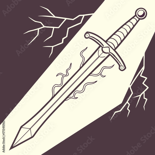 A stylized illustration of a medieval sword with a pointed blade and ornate hilt set against a dark background with abstract crackling lines and a diagonal light beam