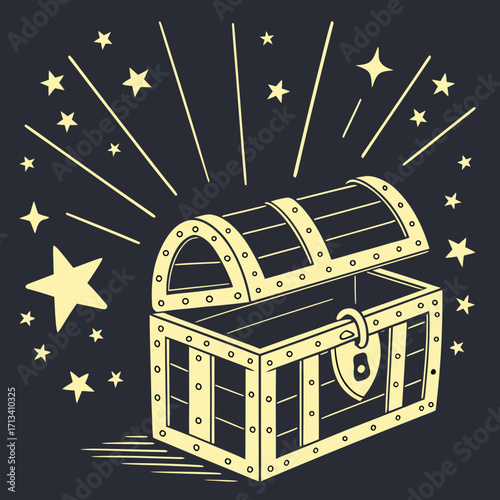 An open treasure chest with a golden lock and metal accents surrounded by sparkling stars and radiating lines on a dark background