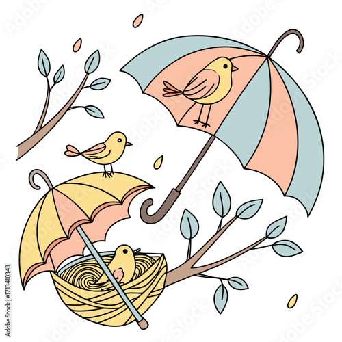 Charming illustration of three cute birds finding shelter under colorful umbrellas and in a nest on tree branches during a gentle rain shower