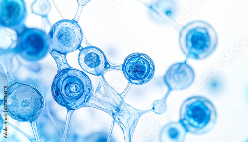 Blue biological cells interconnected with glowing fibers, abstract scientific background showing magnified cell structure, clean and futuristic, evoking curiosity and wonder