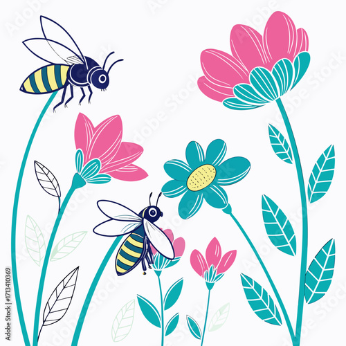 Charming cartoon bees buzzing around vibrant pink and teal flowers in a whimsical garden illustration