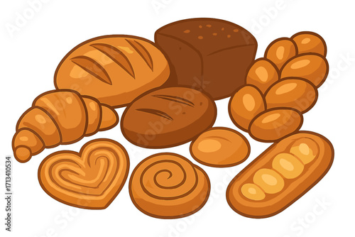 Baked goods assortment vector cartoon illustration. Set of fresh bakery food icons. Bread, croissant, pastries, loaf, challah, rye bread, bun, cinnamon roll, isolated.