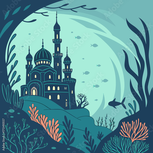 Enchanting underwater palace with intricate towers and domes bathed in soft light surrounded by coral reefs and swimming fish