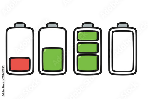 Battery charge level indicator icons set. Full, half, low and empty power status symbol. Energy level vector collection. Discharged and charged accumulator cartoon graphic.
