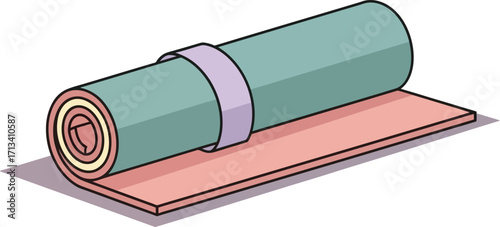 Rolled Exercise Mat: A rolled-up exercise mat, secured with a strap, rests on top of an unfolded segment, perfectly representing the start or end of a workout.
