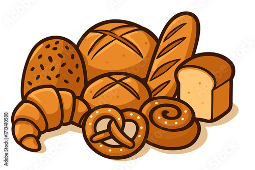 Assortment of fresh baked goods. Bakery products vector cartoon illustration. Collection of bread, loaf, baguette, croissant, pretzel and pastry for breakfast menu design.