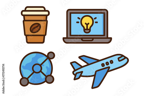 Modern lifestyle icon set for digital nomad and remote work. Coffee, technology, and travel symbols for global business, innovation, connectivity, and freelance life. Vector.