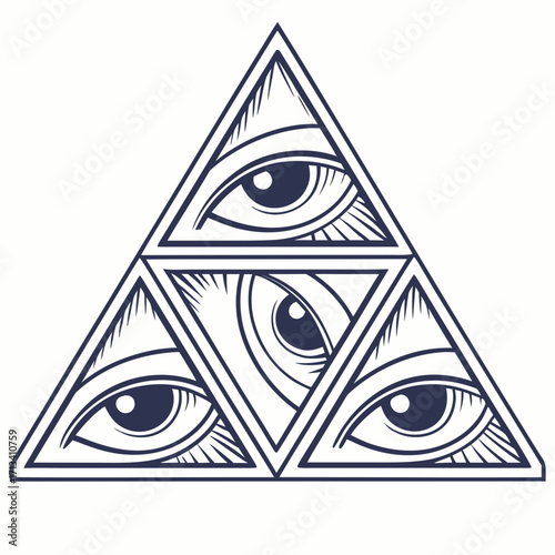 Mysterious all seeing eye symbol within a triangle composed of multiple eyes observing everything symbolizing awareness and insight