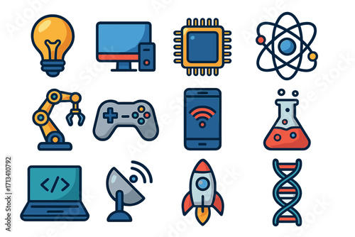 Technology and science icon set. Flat design vector collection. Innovation, research, development, gaming. Rocket, DNA, atom, robot arm, CPU, code, startup, idea concept.