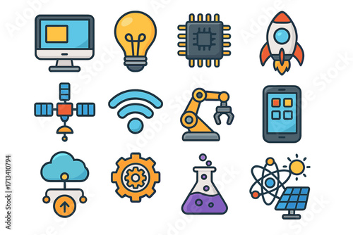 Colorful icon set of technology and science concepts. Modern cartoon vector design for innovation, startup, research, engineering, automation, AI, and cloud computing.