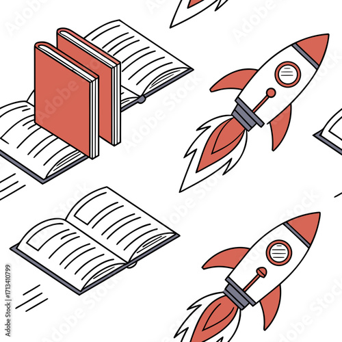 Seamless pattern of isometric open and closed books alongside stylized rockets launching with fiery exhaust on a white background representing education and exploration