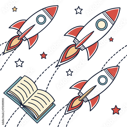 Three cartoon rockets launching into space surrounded by stars and a flying open book symbolizing imagination and education