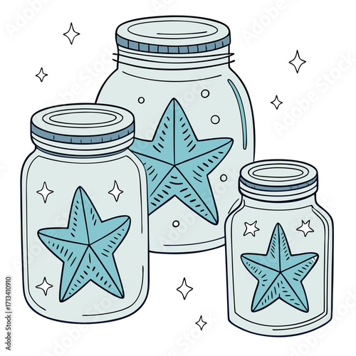 Three charming cartoon glass jars filled with blue starfish and surrounded by sparkling stars on a white background