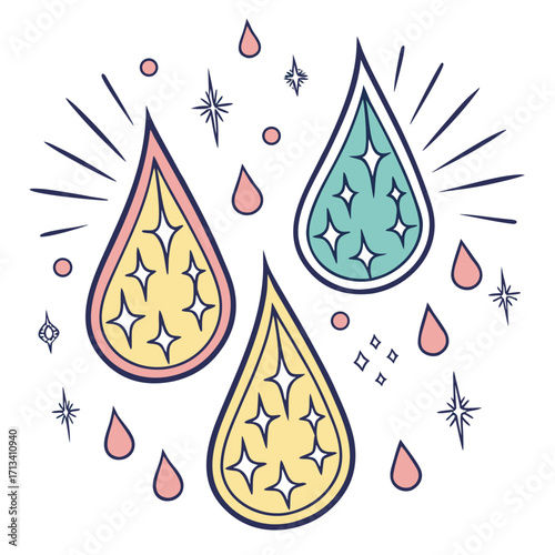 Three sparkling teardrop shapes in yellow and teal with pink accents and starbursts on a white background representing joy and positivity