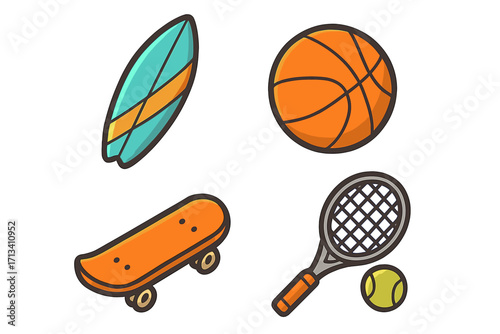 Collection of sport icons. Surfboard, basketball, skateboard, and tennis racket in a playful cartoon design. Vector illustration set of summer and team sports equipment.
