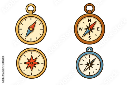 Cartoon compass collection. Vector set of navigation tools for travel, exploration, adventure. Various compass designs showing direction. Nautical journey concept. Flat icon illustration.