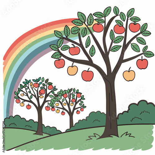 Whimsical cartoon illustration of a vibrant apple orchard with ripe red and yellow apples on trees under a bright rainbow arching across a clear sky with rolling green hills and lush bushes