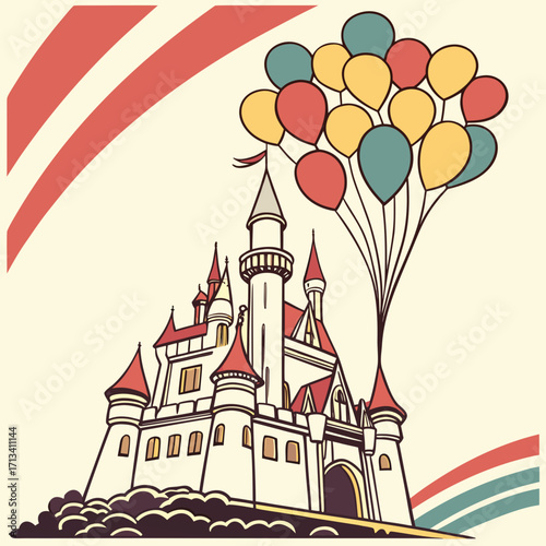 Whimsical fairytale castle ascending into the sky carried by a vibrant bunch of colorful balloons