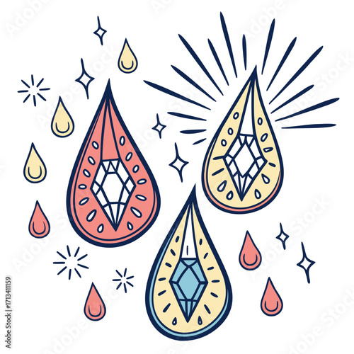 Whimsical hand drawn gemstones and drops with sparkles and rays of light in a playful doodle style