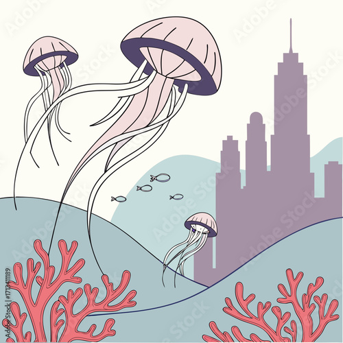 Whimsical illustration of jellyfish floating serenely in the ocean with a city skyline silhouette in the background and coral reefs below
