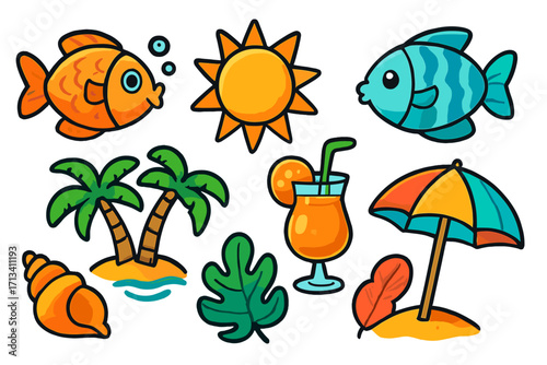 Cute summer beach icon set. Colorful cartoon vector collection with fish, sun, palm tree, tropical cocktail, umbrella, and shell. Doodle holiday vacation travel elements.