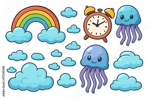 Set of colorful cartoon elements. Cute rainbow with clouds, kawaii jellyfish characters, and retro alarm clock. Vector illustration pack for kids. Isolated clip art icons.