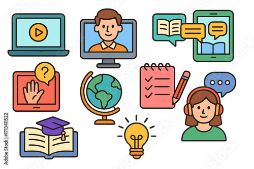 E-learning education icon set for online school. Distance learning, webinar, and study resources. Vector icons for digital courses, student tutorials, and teacher tools.
