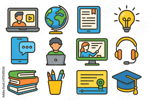E-learning and online education icon set. Vector symbols for digital learning, webinar, online courses. Student and teacher resources, graduation, knowledge, study concept.