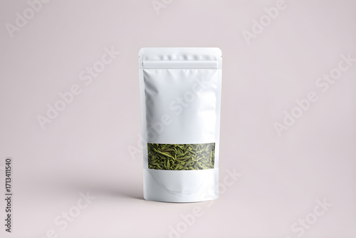 White resealable pouch with dried green tea leaves visible through window zipper