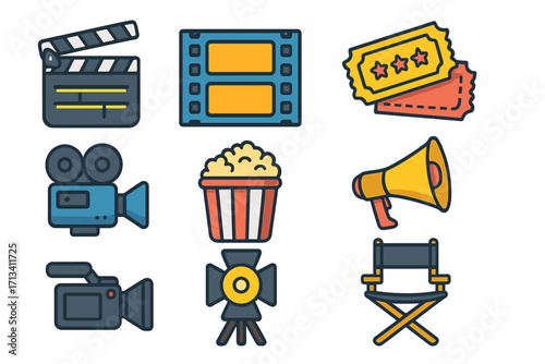 Cinema and movie production icon set. Film industry elements collection with clapperboard, camera, popcorn, ticket, director chair, film strip. Vector flat cartoon symbols.