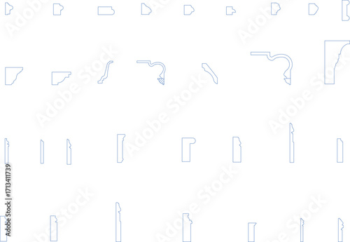 A black-and-white line drawing showcasing various architectural moldings and trim profiles. The image features a collection of cross-sectional views of different types of trim, such as baseboards.